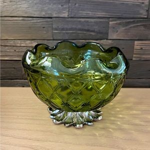 Vintage 1960s Indiana Green Glass Bowl, Quilted Duette Pattern